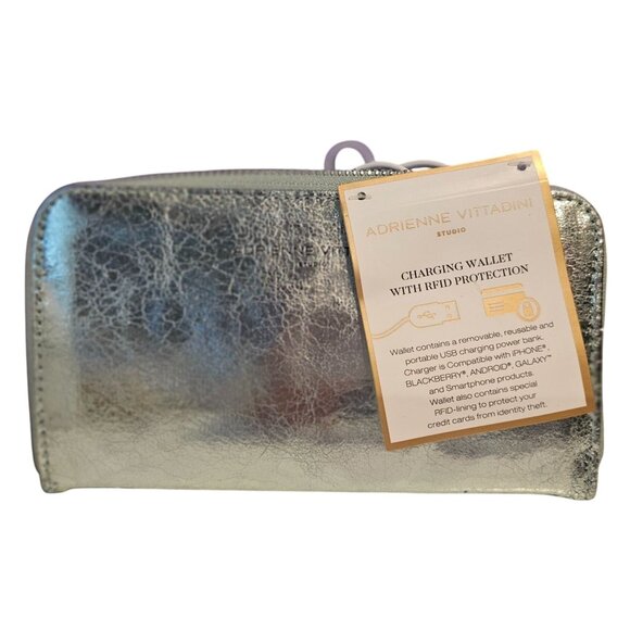 Adrienne Vittadini Studio Charging Zip Around Wallet Mint Crackled Metallic NWT - Picture 1 of 8